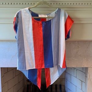 Red white and blue open tie back blouse